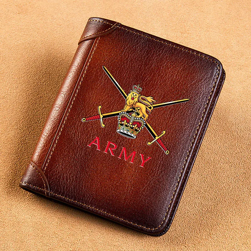 

High Quality Genuine Leather Men Wallets United Kingdom Army Badge Printing Short Card Holder Purse Billfold Male Wallet