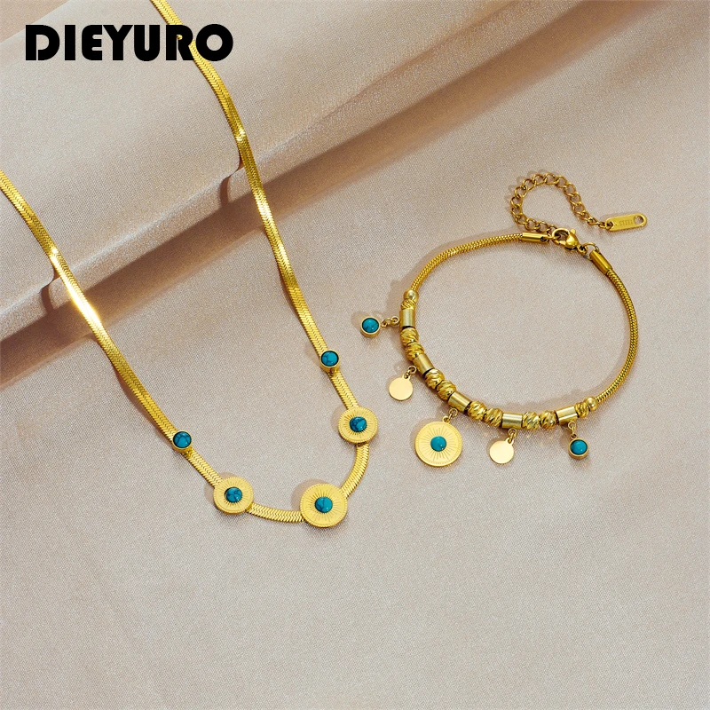 DIEYURO 316L Stainless Steel Green Stone Charm Necklace Bracelet For Women Vintage Lady Jewelry Set Party Wedding Gifts 2022