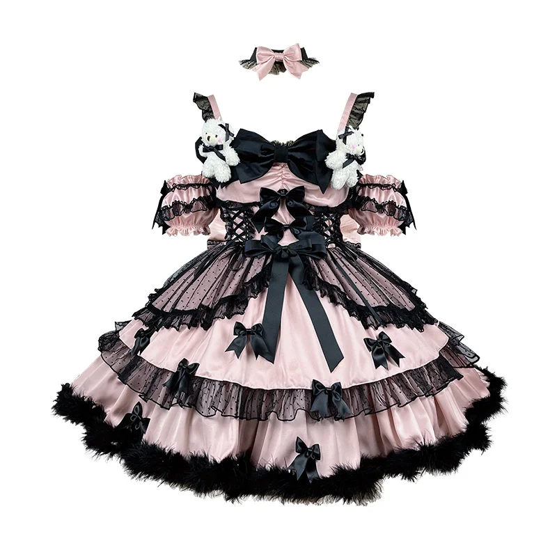 

New Original Harajuku Pink Bow Sling Dress Hot Girl Fashion Temperament Lolita Sweet Kawaii Lace Splicing Dress