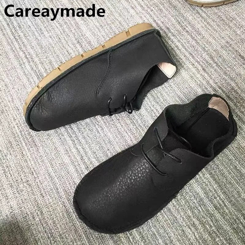 Фото Careaymade-женская обувь из натуральной кожи с широким носком, повседневная обувь для мам ручной работы, мягкие рабочие туфли в стиле ретро с кружевом, гравия №1