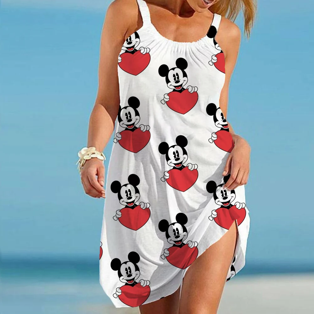 

Heart Mickey Digital Print Mini Mid Length Sexy Beach Dress Women Sling Evening Dress Strapless Ladies Beach Vestidos Sleeveless