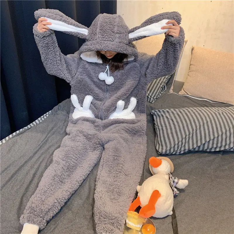 New Student Lovely Thickened Plush Warm Hooded Lambhair Home Clothes One Piece Pajamas for Women Autumn Winter Anime 2023 Cute