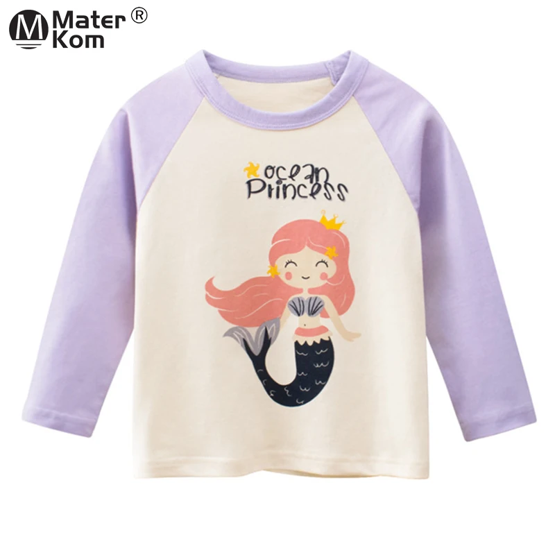 

Spring Girls Mermaid Printing T Shirts Long Sleeve Letter Tops Clothes for Kids Casual Cotton Tees Children Clothing 2-7 years