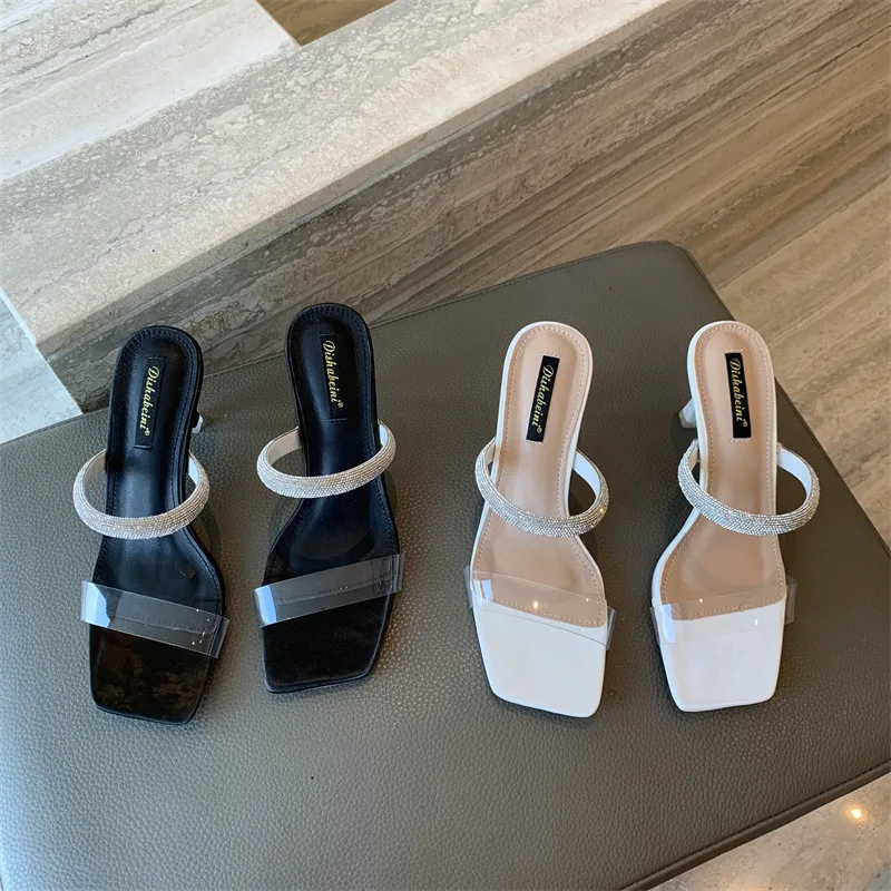 

Thin Heels Shoes Woman's Slippers Heeled Mules Glitter Slides Fashion 2022 High Jelly Luxury Transparent Crystal PU Rome Scandal