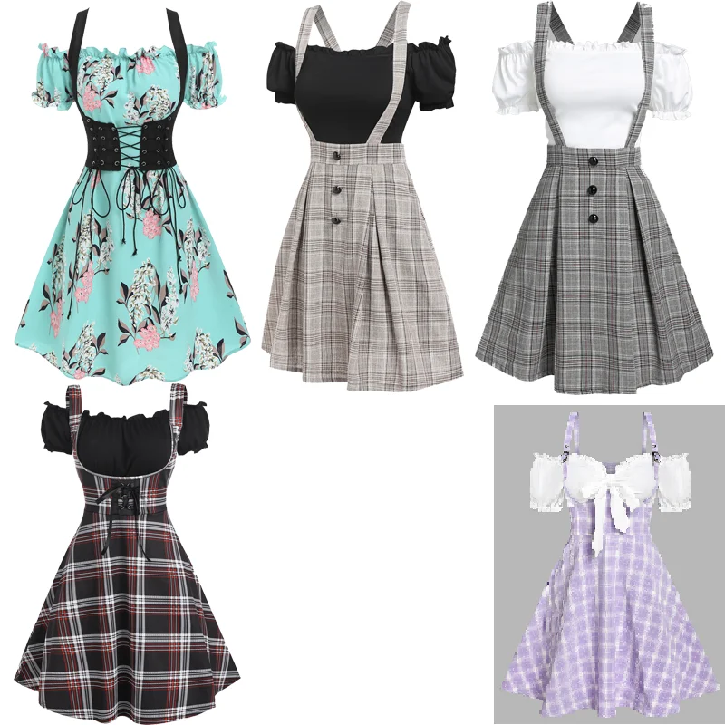 

Women''s Two Piece Croset Body Sharp Short Sleeve Twinset Off Shoulder Floral Print Bondage Dress and Lace-up Corset Style