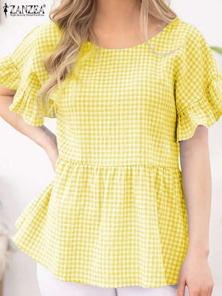 

ZANZEA Women Summer Short Sleeve Ruffles Shirt Casual Beach Blusas Oversize Plaid Checked Blouse Loose Holiday Party Tunic Tops