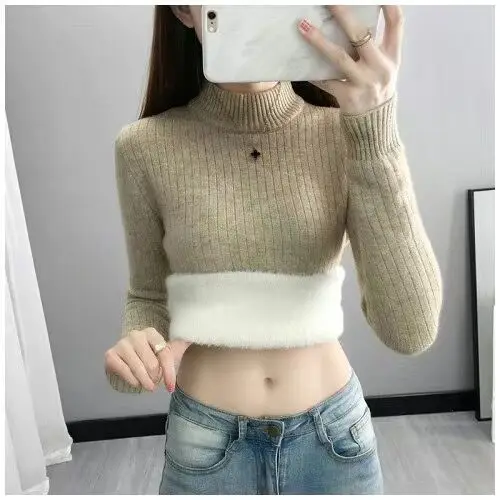 

Женский свитер с длинным рукавом, плотный вязаный пуловер на флисе с высоким воротником, вязаный свитер для осени и зимы, Y92, 2023