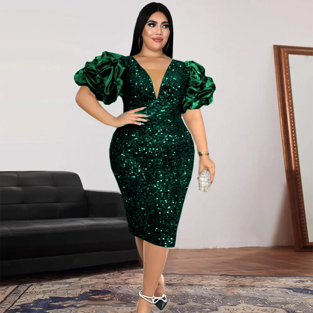 Plus Size Dresses V-Neck Solid Mid-Calf Dresses for Women 2022 Luxury Designer Party Dresses Evening Dresses Sheath Tierred