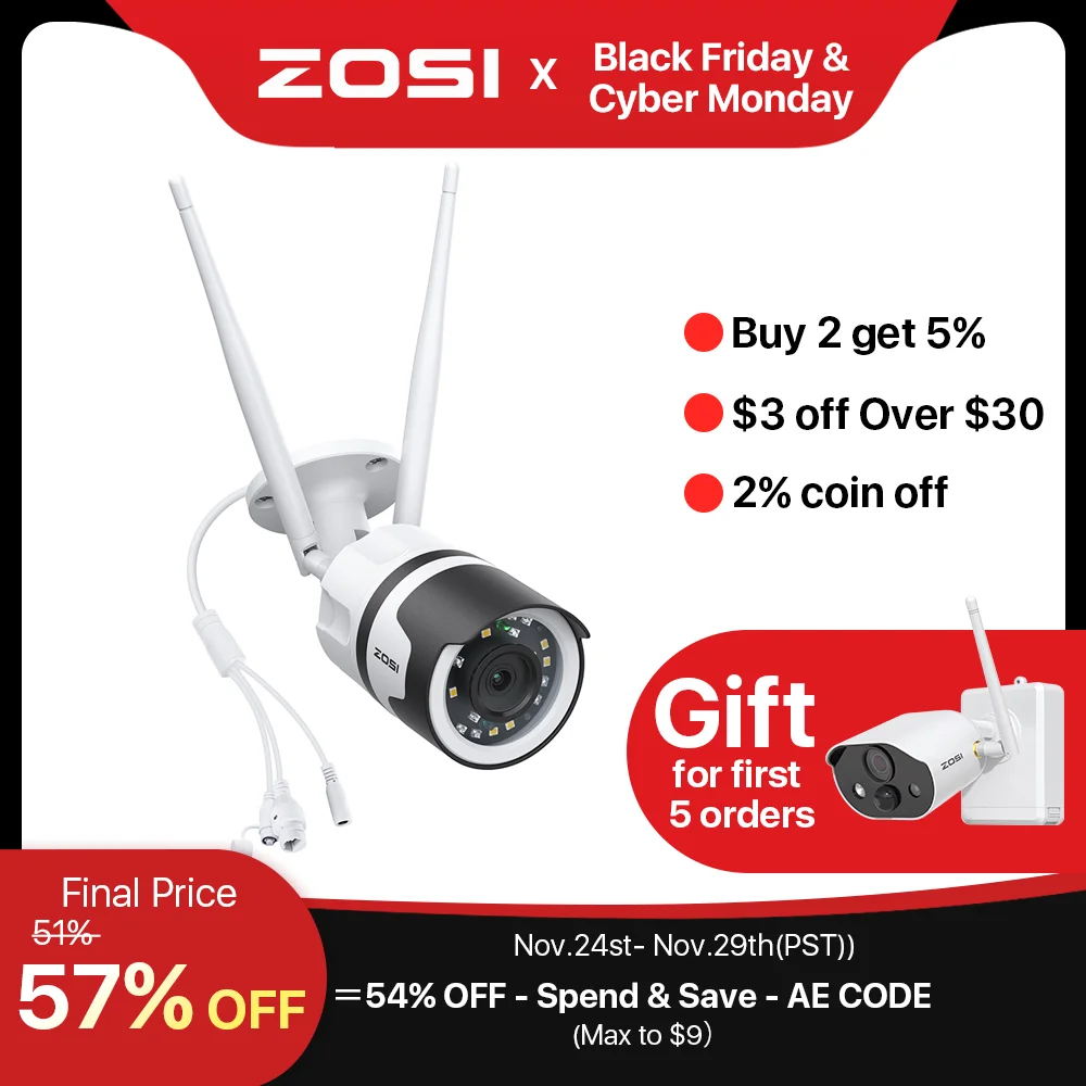 

ZOSI C190 Pro 5MP 2.4 / 5GHz WiFi Беспроводная IP-камера для видеонаблюдения, водонепроницаемая, с функцией обнаружения человека, цветным ночным видением, ...