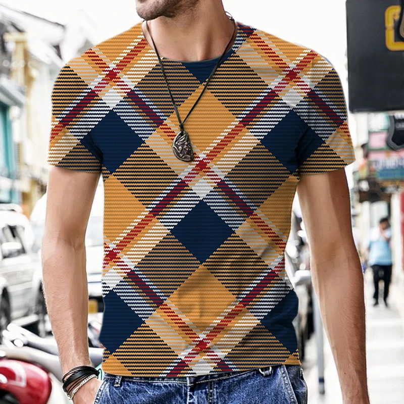 

Men's T-shirts Streetwear Plaid Stripe Pattern Short Sleeve Loose O-Neck Style Breathable Clothes Harajuku Male Tees Hip Hop