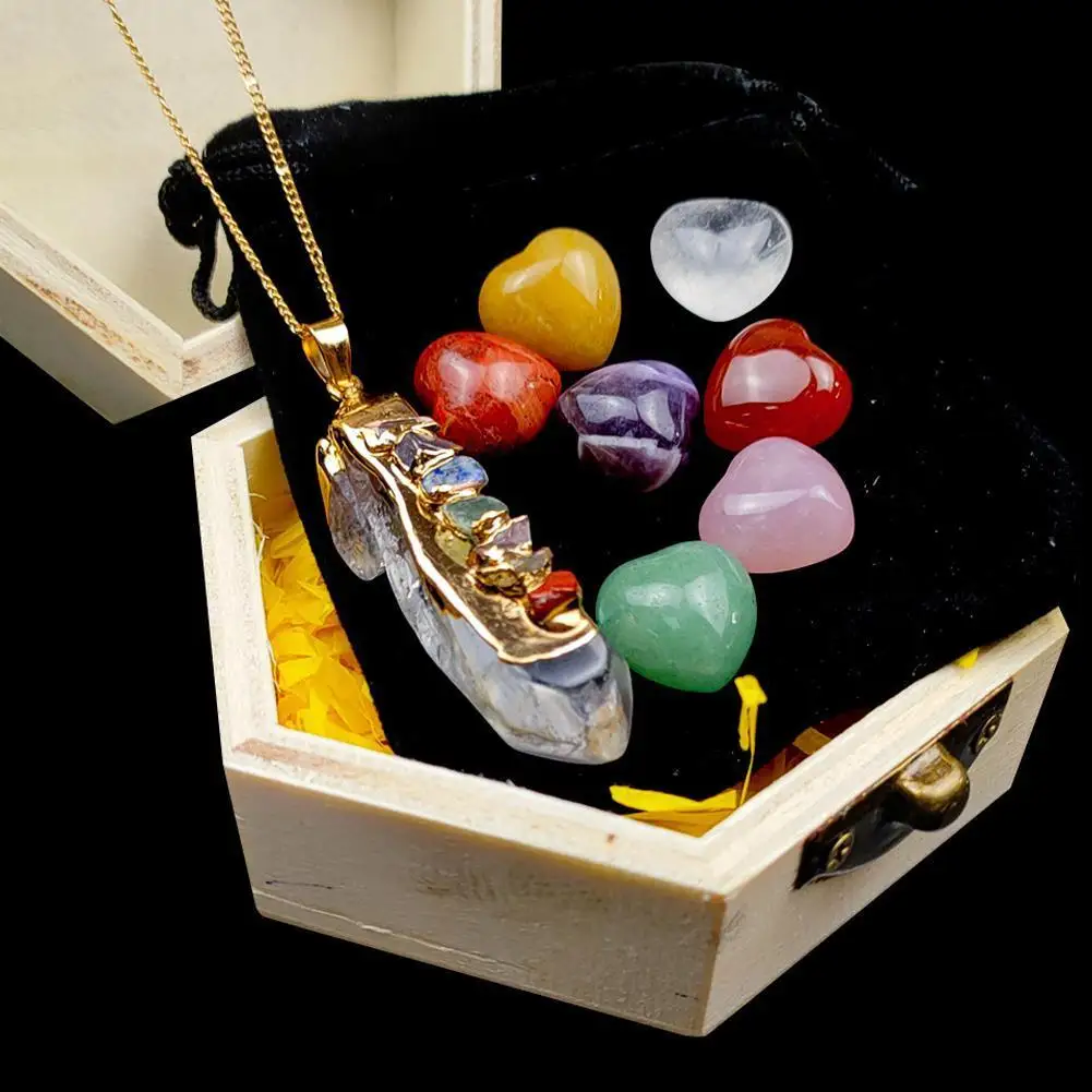 

8 шт./кор. Агаты с натуральными кристаллами, безделушки для любви, 7 чакр, в форме сердца, асимметричная подвеска, Подарочная коробка, деревянн...