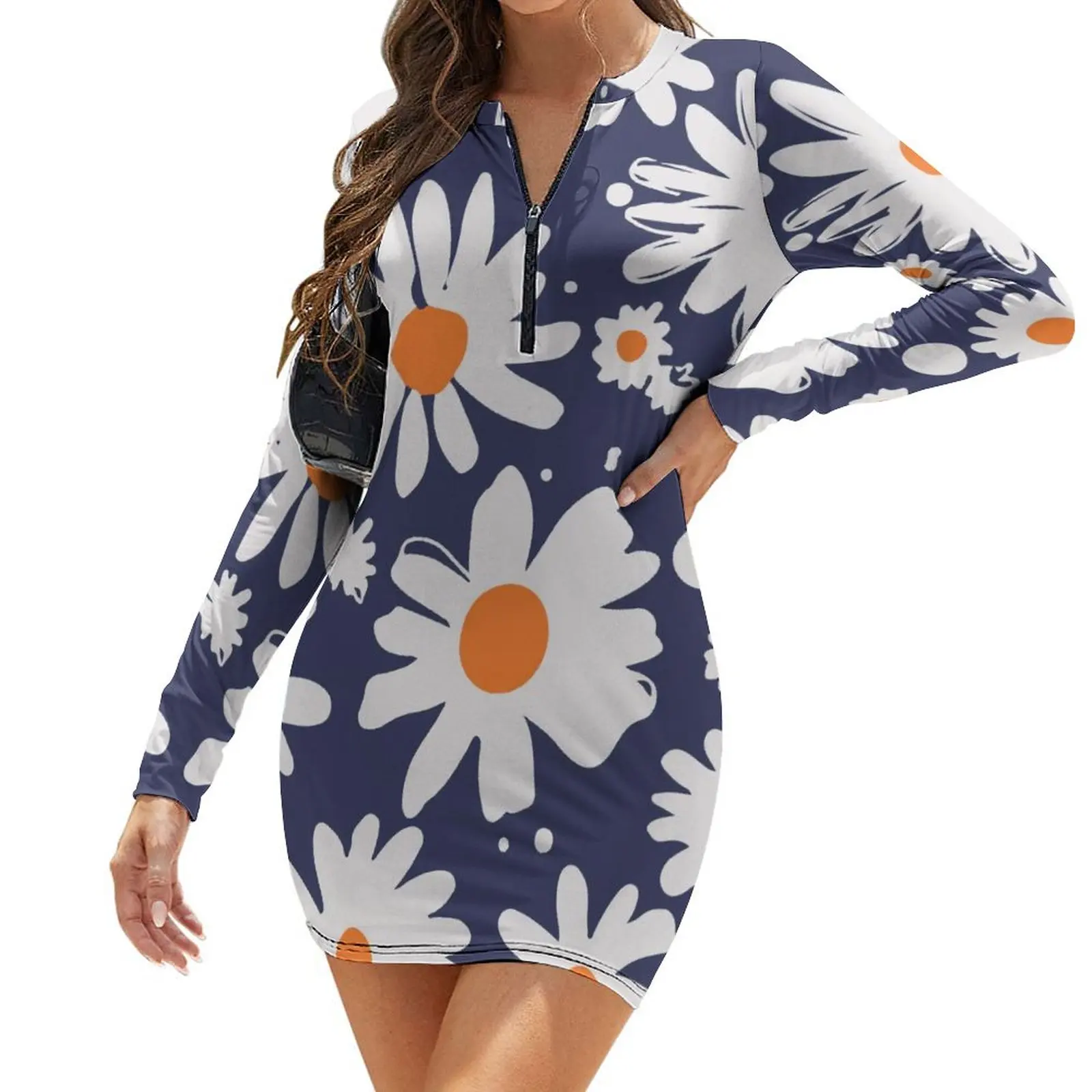 

Daisies White Blue Bodycon Dress Woman Abstract Flowers Design Sexy Dresses Holiday Long Sleeve Aesthetic Print Dress Plus Size