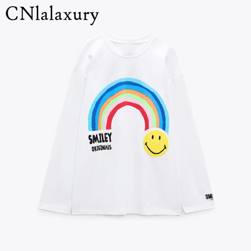 

CNlalaxury Autumn Woman Crew Neck T-shirt White Printed T-Shirts Casual Fashion O Neck Top Long Sleeves Bottoming Shirt Female