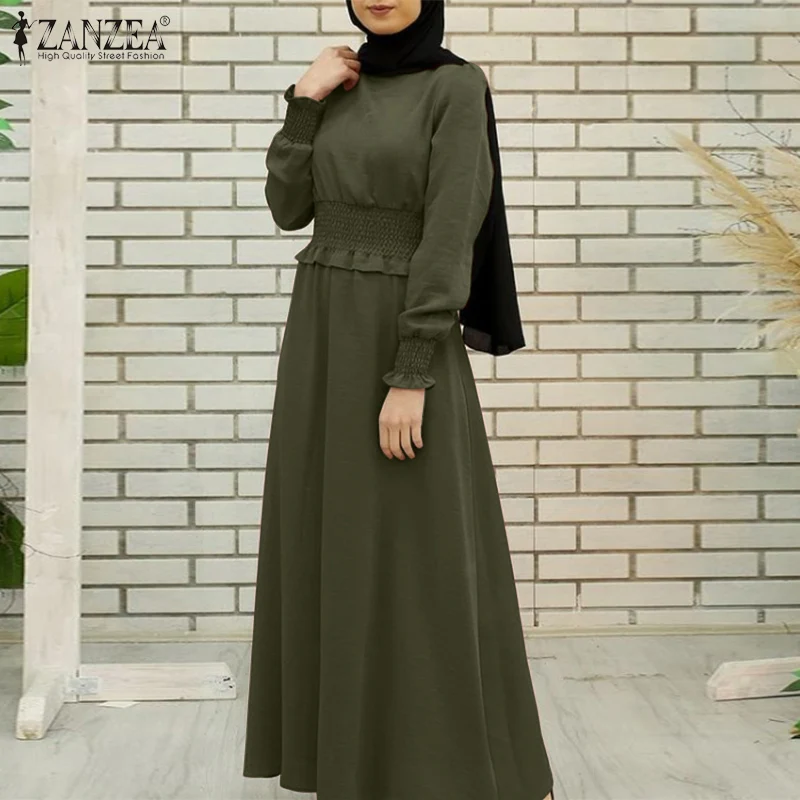 Платье ZANZEA женское с длинным рукавом, Абая Хиджаб с дымчатым поясом, кафтан с круглым вырезом, свободное арабское исламское платье, мусульма...