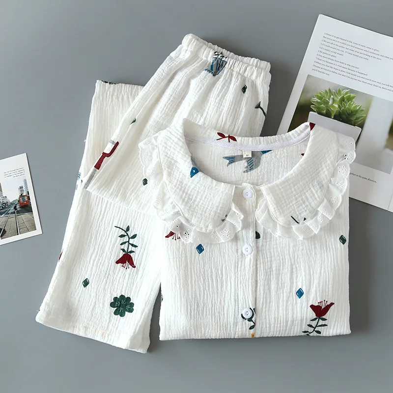 Japanese new ladies spring and summer cotton crepe pajamas two-piece long-sleeved trousers cute plant printing home service set