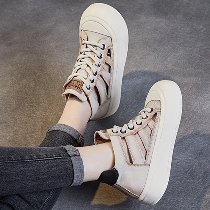 Thick Soled Women Sneakers Genuine Leather Breathable Shoes Summer Fashion Hollow Handmade Comfortable Roman Platform Sandals