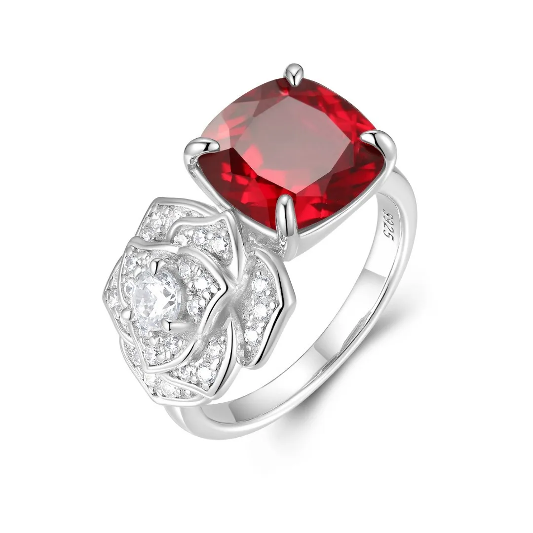 

925 Sterling Silver Intertwined Three-dimensional Rose Ring White Zircon Ruby Stone Open Ring Ladies Temperament Elegant Jewelry