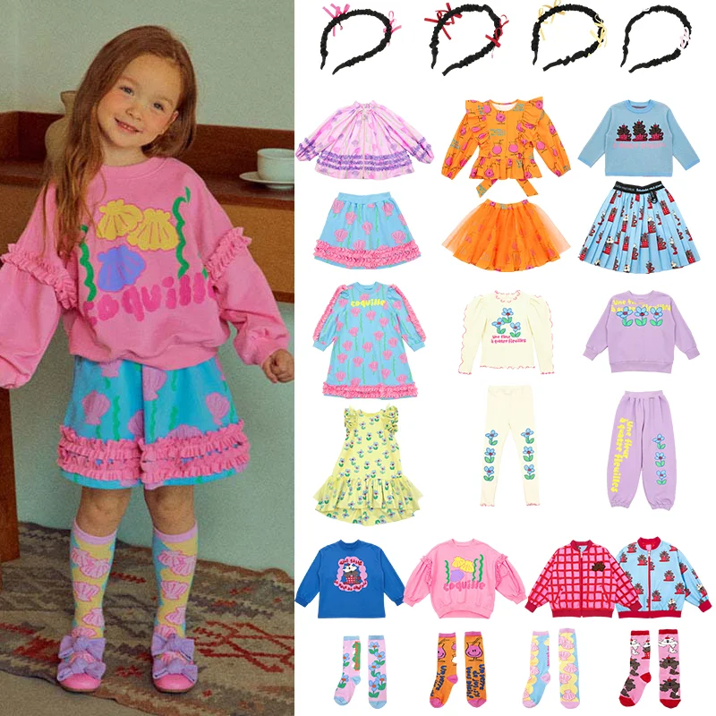

Korea BEBE2023 Autumn New Girls Sweater Set Cute Shell Flower Print Tops Pants Skirt Baby Casual Dress