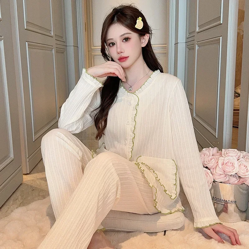 Корейский стиль женский легкий повседневный пижамный костюм с длинными рукавами