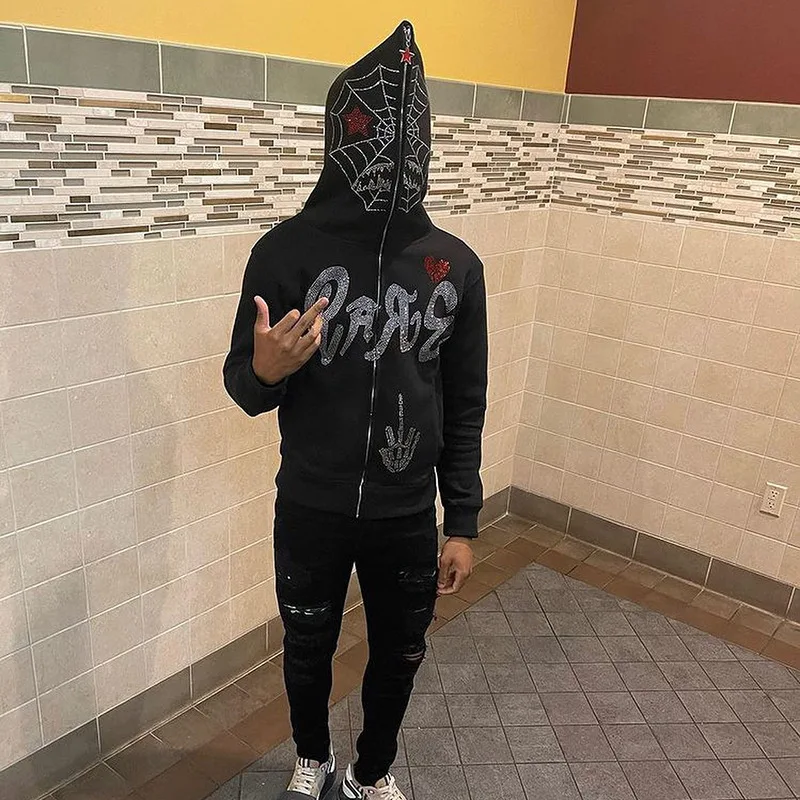 

Y2K Full Zip Up Hoodie Men Autumn Winter Gothic Rhinestones Spider Web Sweatshirt Hip Hop Grunge Skeleton Oversized Jacket Coat