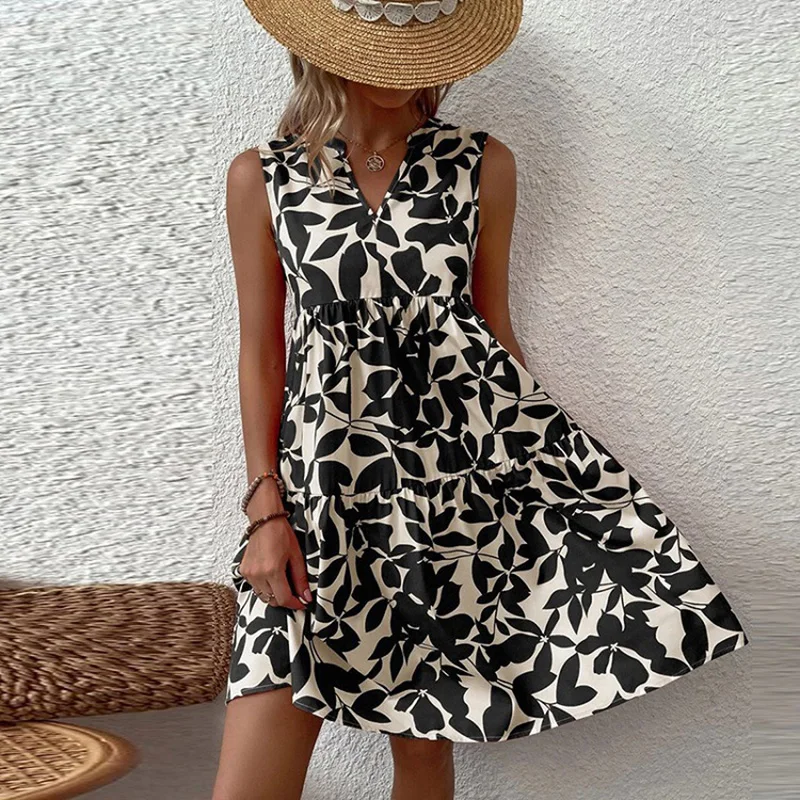 

S-3XL 4Colors Elastic Pleated Floral Print Sleeveless Loose A-Line Mini Dress Bohemian Casual V-Neck Women Summer Party Sundress