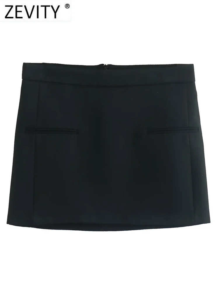

Zevity Women Simply Style Pockets Design Black Slim Mini Skirt Faldas Mujer Female Chic Casual Back Zipper Vestidos QUN3352