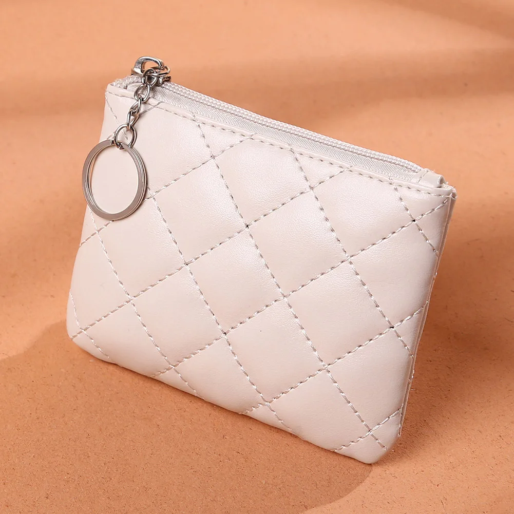 PU Leather Zip Coin Wallet Key Chain Women Fashion Small Purse Money Designer Diamond Pattern Short Change Pouch Coin Purse
