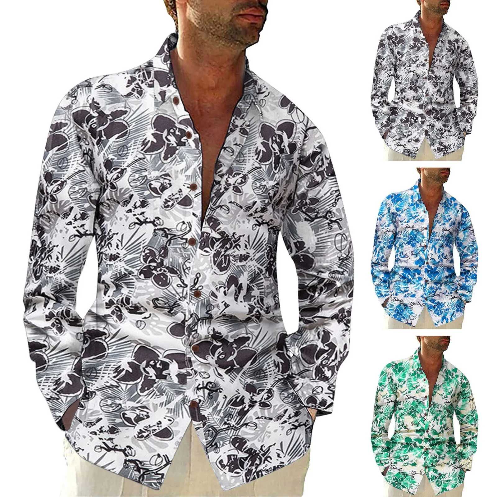 

Мужская свободная рубашка с длинным рукавом и отложным воротником