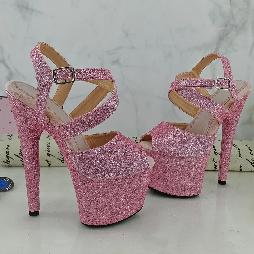 Leecabe Pink Glitter  17CM/7inches Pole dancing platform Open toe Pole Dance shoes