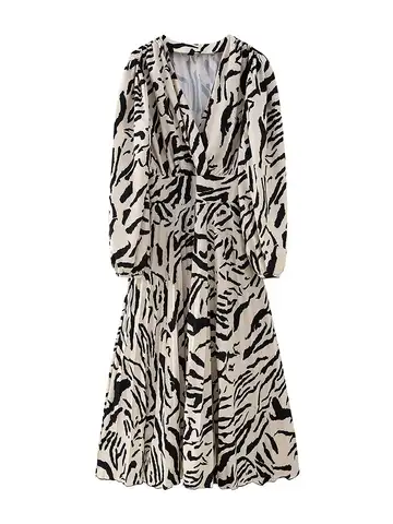 PB&ZA Elegant Women Dresses A-line Print Loose Long Sleeve Adjustable Waist V-neck Lady Long Shirtwaist Dresses Mujer Vestidos