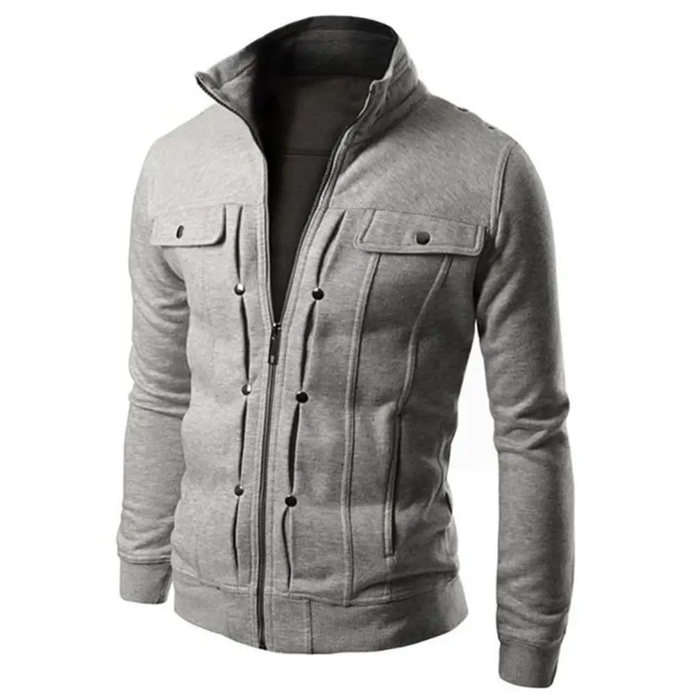 

New Mens Fashion Plus Size Solid Color Stand Collar Long Sleeve Zip Pocket Slim Jacket Coat Outdoor Outwear Male Clothing 2021