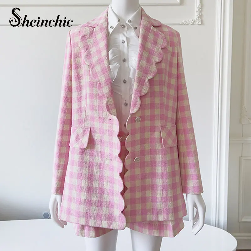 

Женский комплект из двух предметов, элегантный розовый клетчатый Блейзер и шорты в Корейском стиле, весна 2023