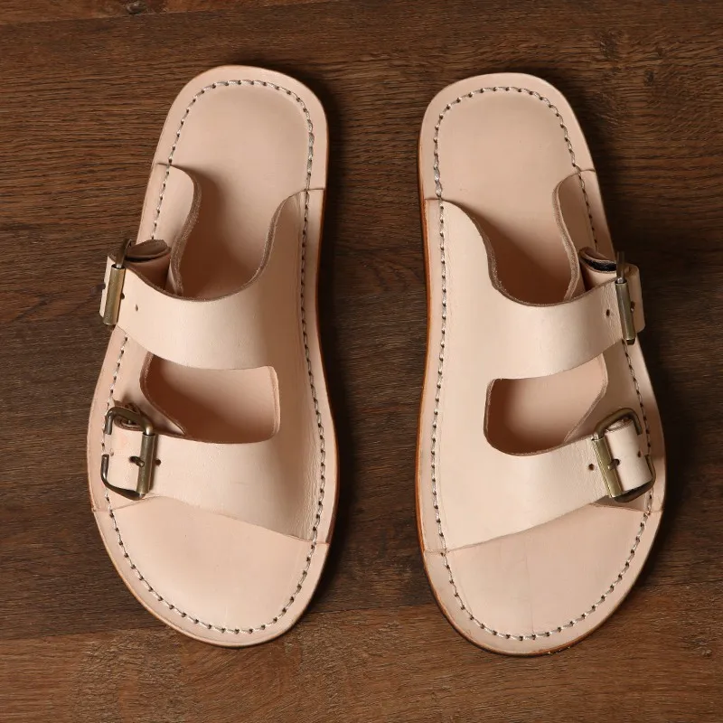 

Real Handmade Leather Slippers Men Vintage Buckle Design Cowhide Outside Slides Summer Mens Footwear Non-Slip Flat Casual Shoes