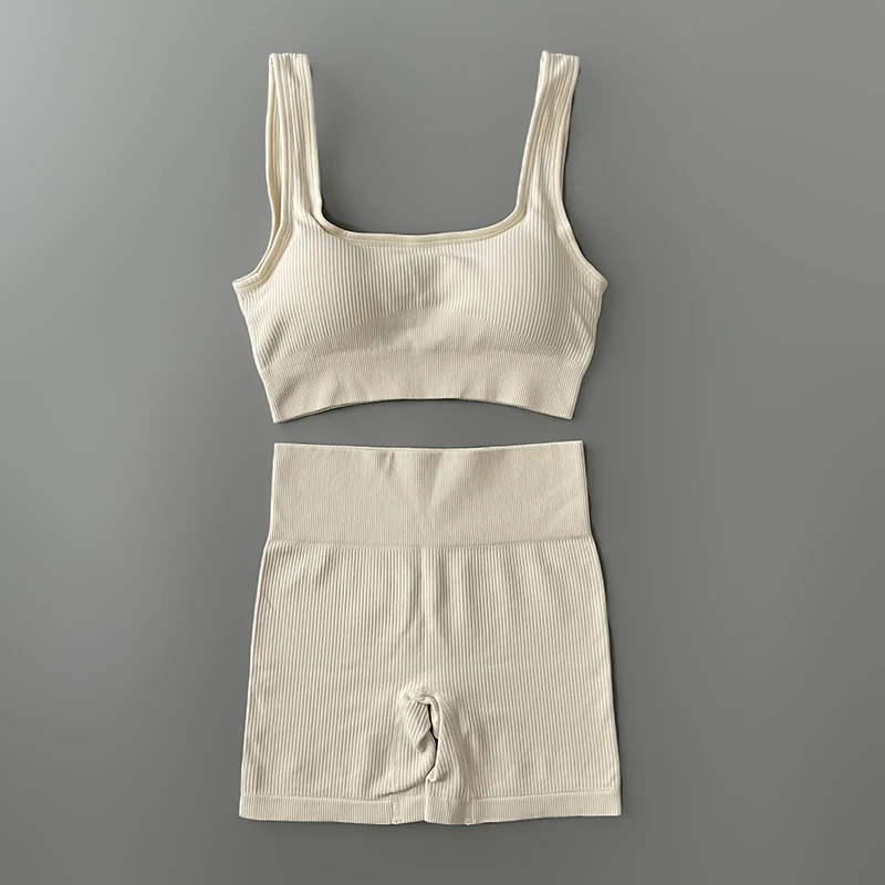 Seamless Ribbed Yoga Set for Women Clothing Sportswear High Waist Leggings Gym Suit Workout Running Crop Top Female Tracksuit