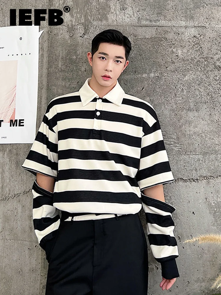 

Футболка IEFB Мужская в полоску, модная рубашка со съемной молнией, с лацканами, контрастных цветов, в Корейском стиле, 9A4638, весна 2023