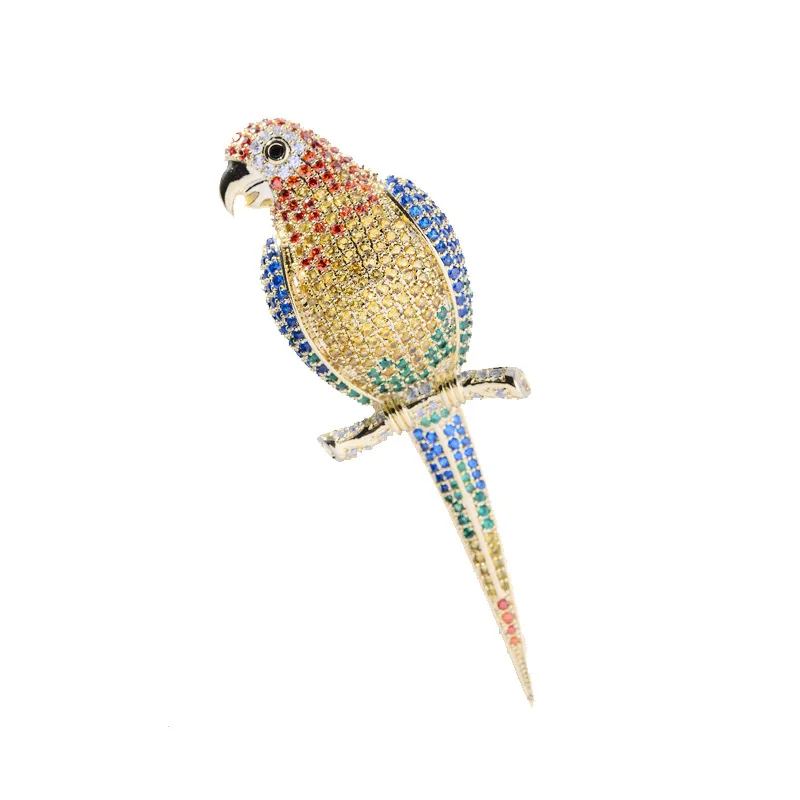Медный брошь новой моды с инкрустированным цирконом "Попугай" в ярких цветах для креативного стиля костюмной жакетки, персональный животный элемент на свадебный бант, прилив прилива.