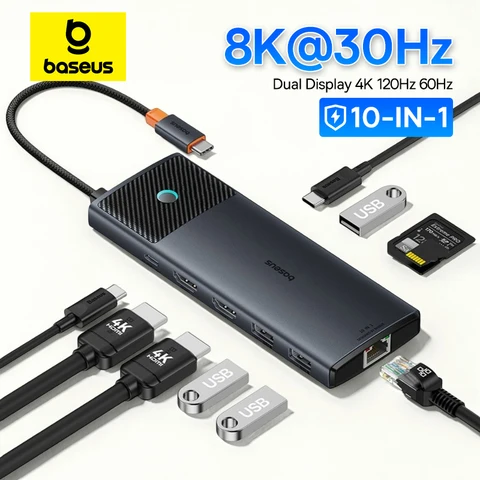 Baseus USB C HUB Dual HDMI 8K 4K Адаптер 10-в-1 USB 3.2 Разветвитель 10 Гбит/с с RJ45 SD TF Type C PD 100 Вт для MacBook Pro Air HUB