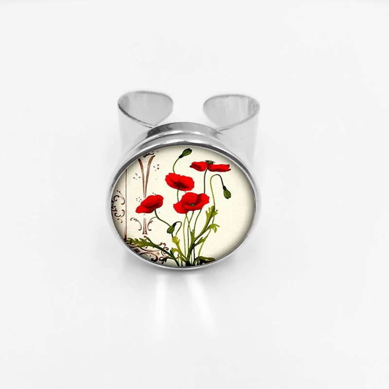 

initial/Fashion New Hot Charm Poppy Pendant Red Poppies Glass Snap Rings Couples Open Rings