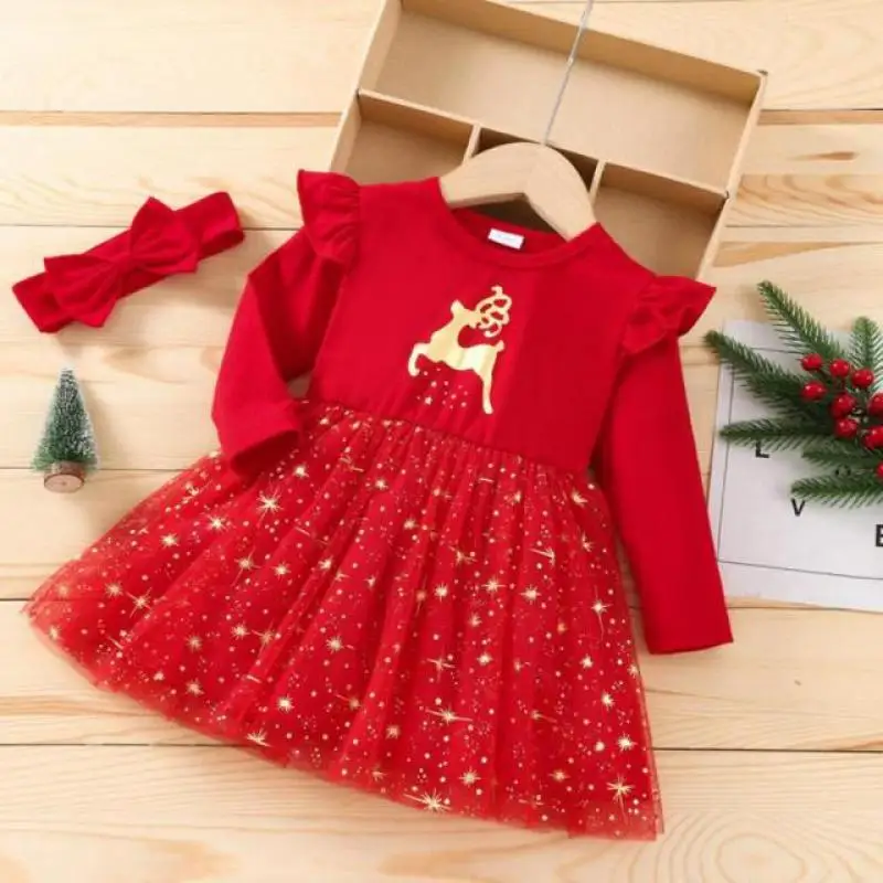 

Детская одежда для девочек, весеннее рождественское красное платье с длинным рукавом и оленями, повязка на голову с бантом, детские костюмы,...
