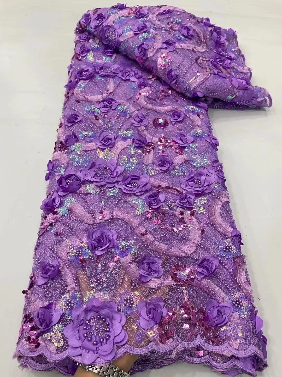 

Purple African Luxury Sequins Mesh Lace Fabric French High Quality Heavy Beaded Embroidery Tulle Lace Nigerian Wedding Dress Sew