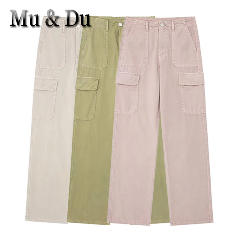 

Mu&Du 2023 Women Chic Vintage Denim Trousers Female Y2k Pink Jeans Dungarees Casual Straight Cargo Pants Pantalones Streetwear