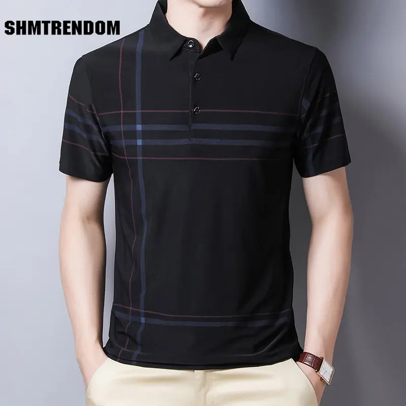 

SHMTRENDOM Summer Ice Silk Mens Polo Shirts High Quality Short Sleeve Business and Casual Thin Man Tees Simple Plaid Male Tops