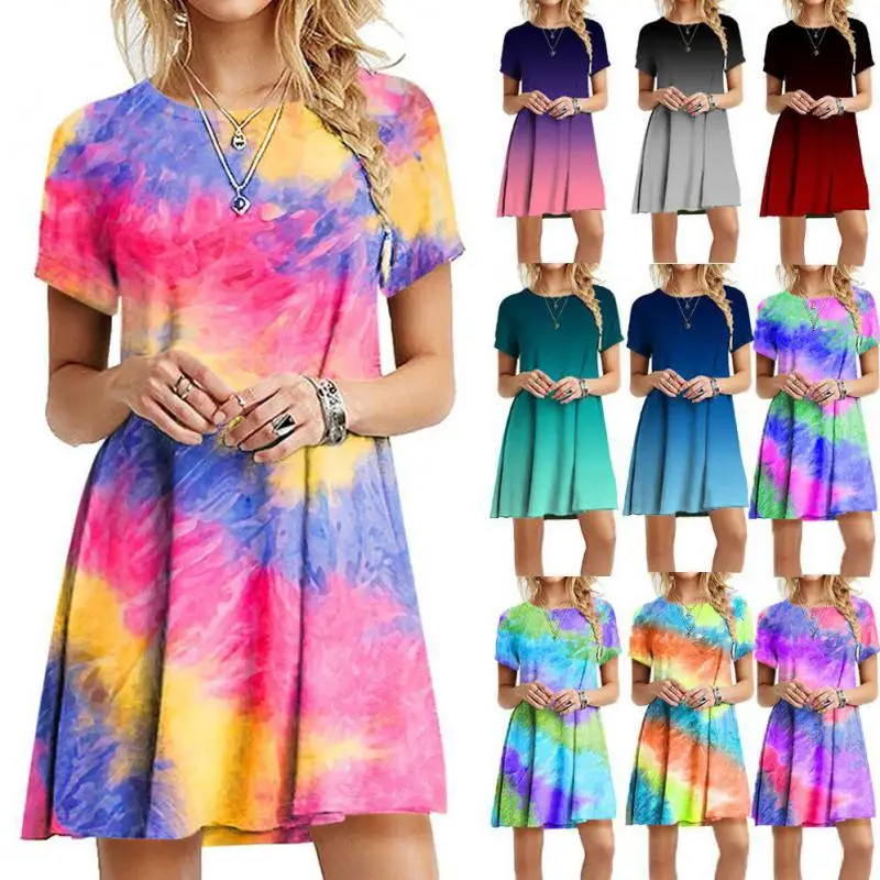 

2022 New Women's Dress Gradient Color Short Sleeve Mid-waist A-line Skirt Round Neck Women's Slim Rainbow Tie-dye Printed Dress