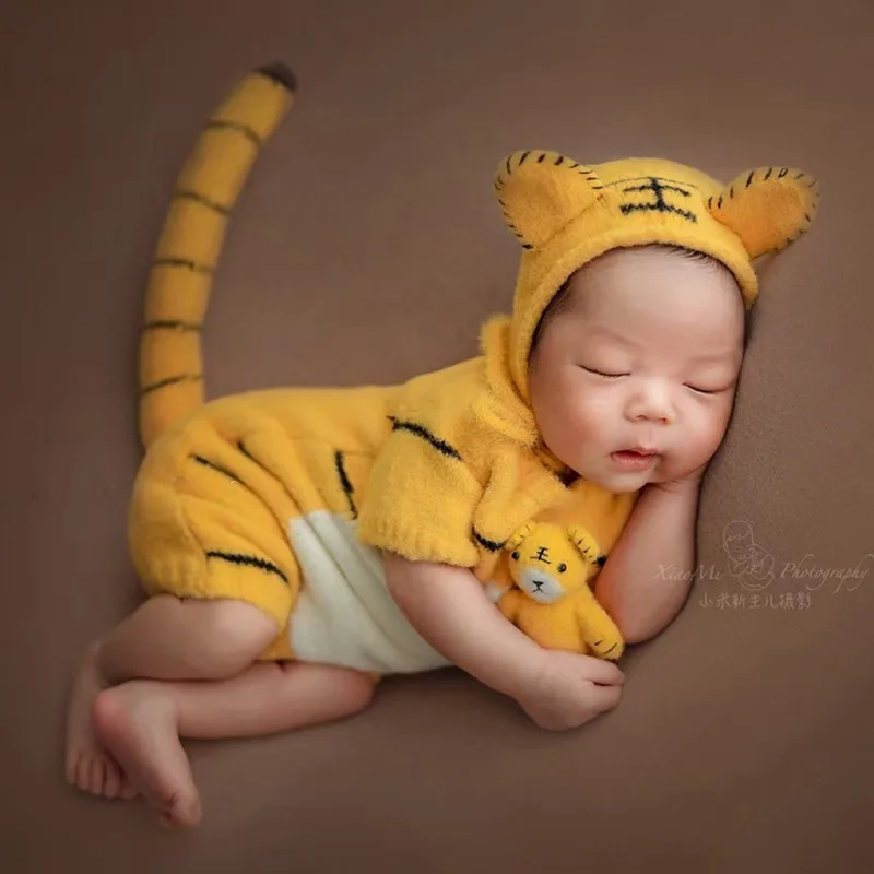 ❤️Newborn Photography Clothing Tiger Hat+Jumpsuit+Tail 3Pcs/set Baby Photo Props Accessories Studio Shoot Knit Clothes Outfits