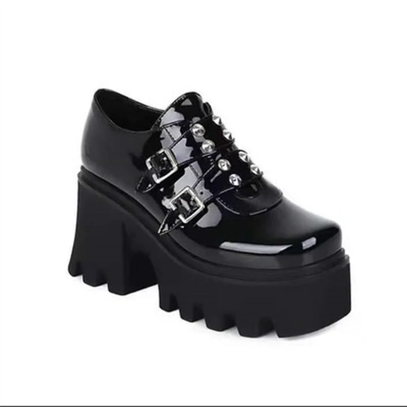 New Fashion Rivets Belt Buckle Platform Shoes Retro Square Head Chunky Heel Women  High  Patent Leather  Sneakers