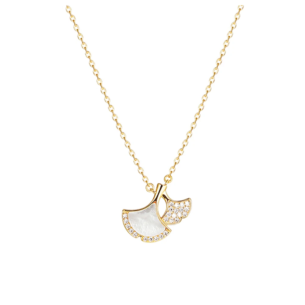 

S925 Sterling Silver Ginkgo Biloba Leaves 18K Gold Plated Inlaid Deep Sea Shell Necklace For Ladys Birthday Gift