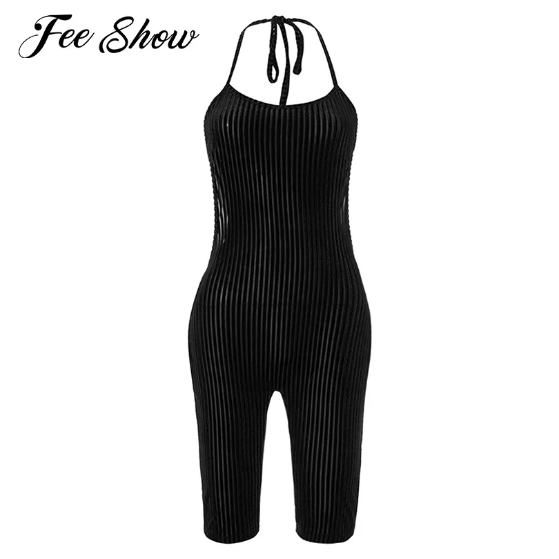 

Women's High Waist Skinny Gymnastics Leotards Workout Yoga Jumpsuit Sportswear Halter Backless Velvet Striped Bodysuit Playsuits