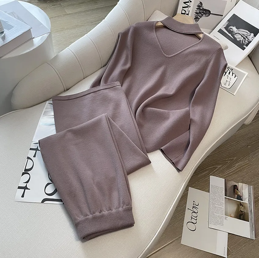 

2022 Autumn Winter Knitted Two Piece Set Elegant Women Stand Collar Solid Sweater Tracksuit +Elastic Waist Wide-Leg Pants Suits