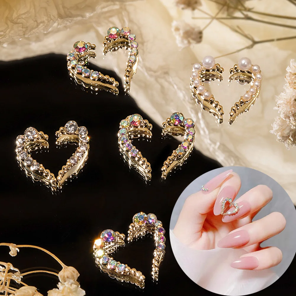 50pcs Zircon Nail Art Charms Apart Valentine Heart with White Diamond/Pearl Gold Frame Nail Jewelry Ornament 3D Nail Supplies
