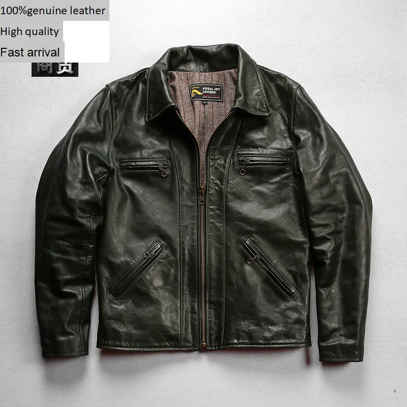 

Повседневная мужская мотоциклетная куртка цвета хаки из 100% натуральной кожи с лацканами зеленая растительная дубленая лошадь